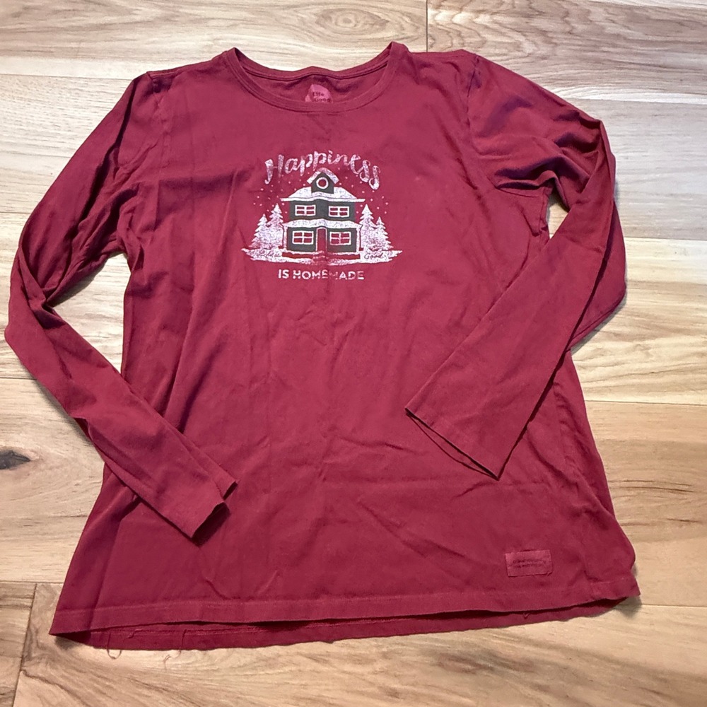 Life is Good Crusher Tee Women Large Maroon Happiness Homemade Long Sleeve Shirt